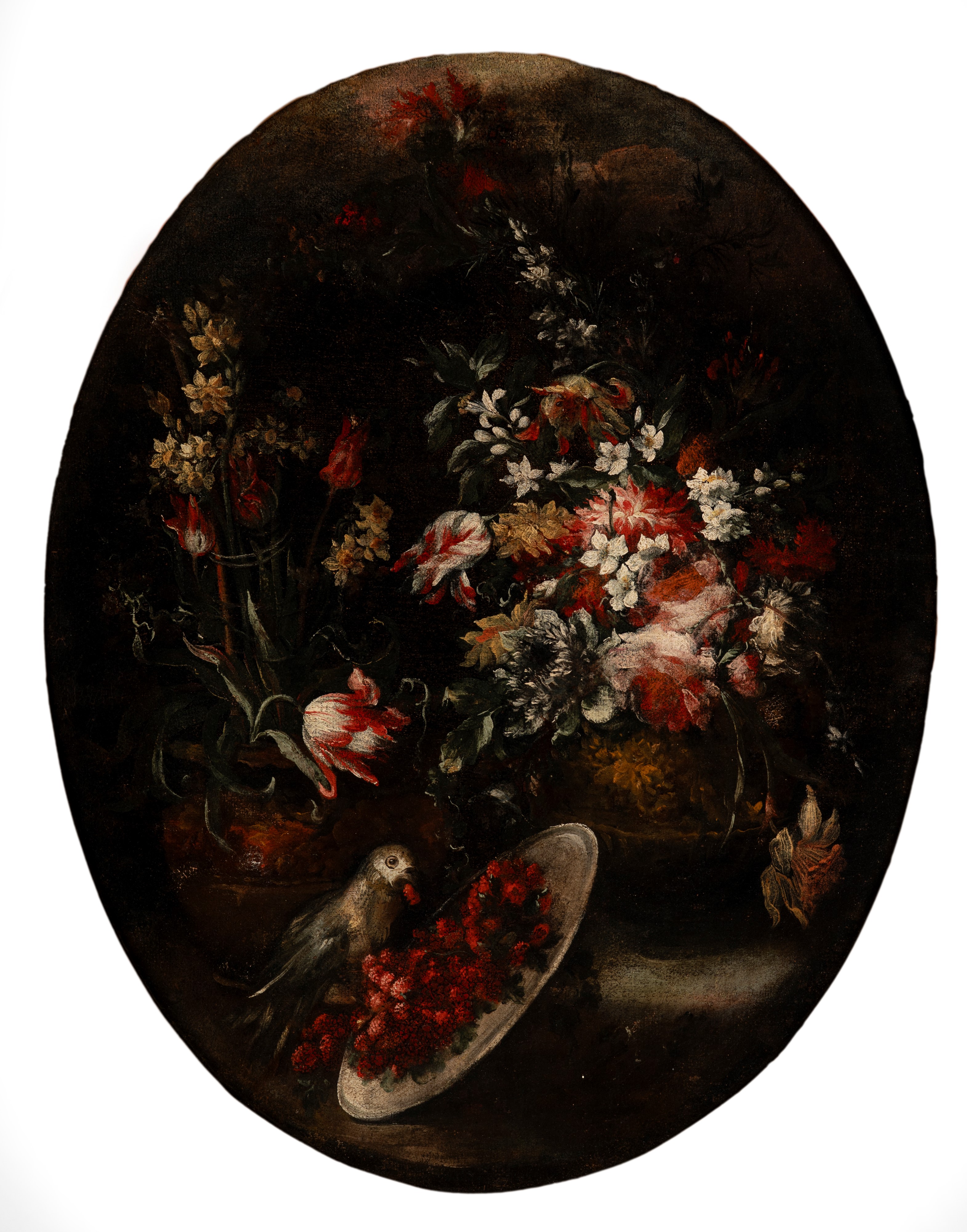 Elisabetta Marchioni - Coppia di dipinti ovali con natura morta floreale e volatili