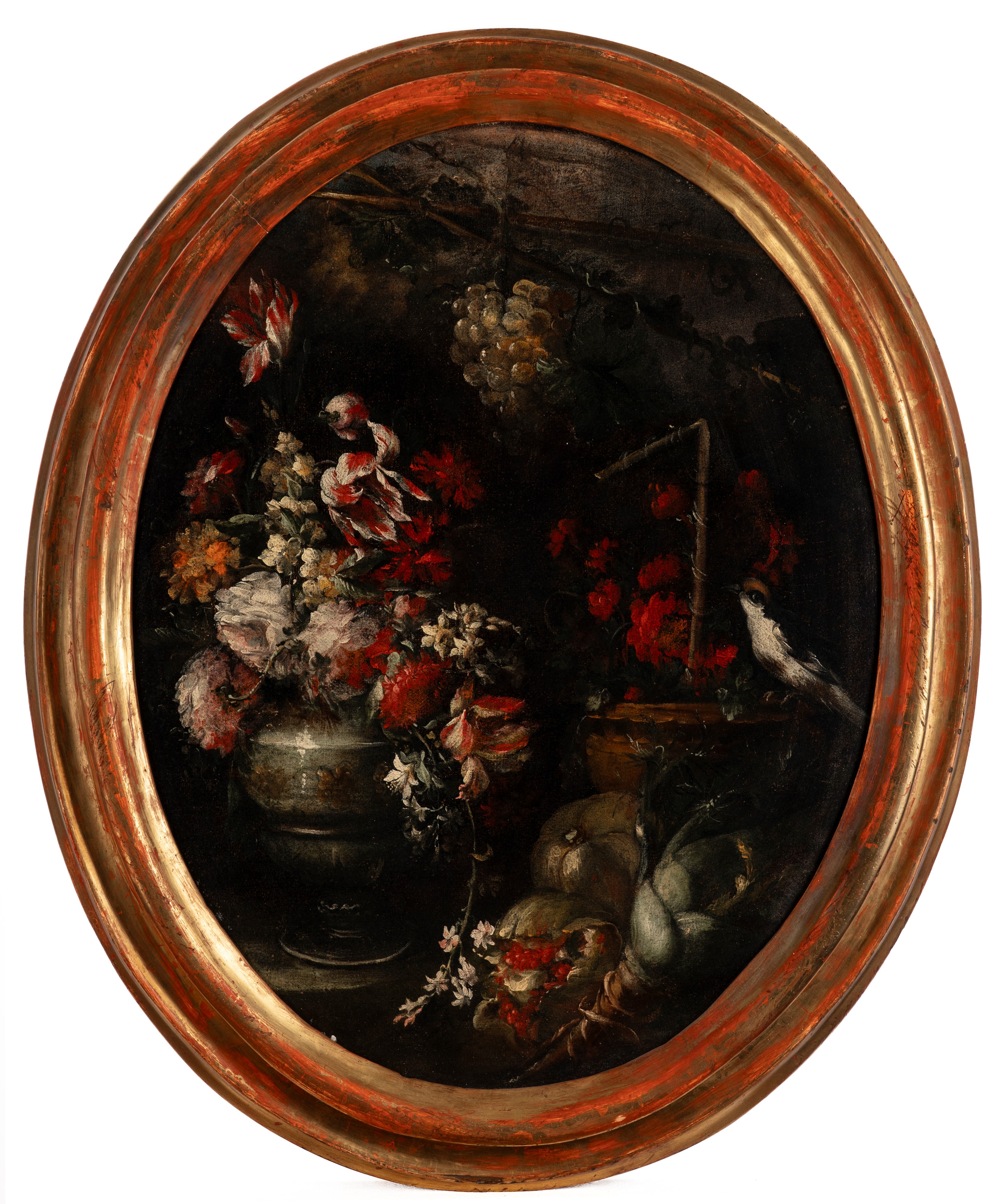 Elisabetta Marchioni - Coppia di dipinti ovali con natura morta floreale e volatili