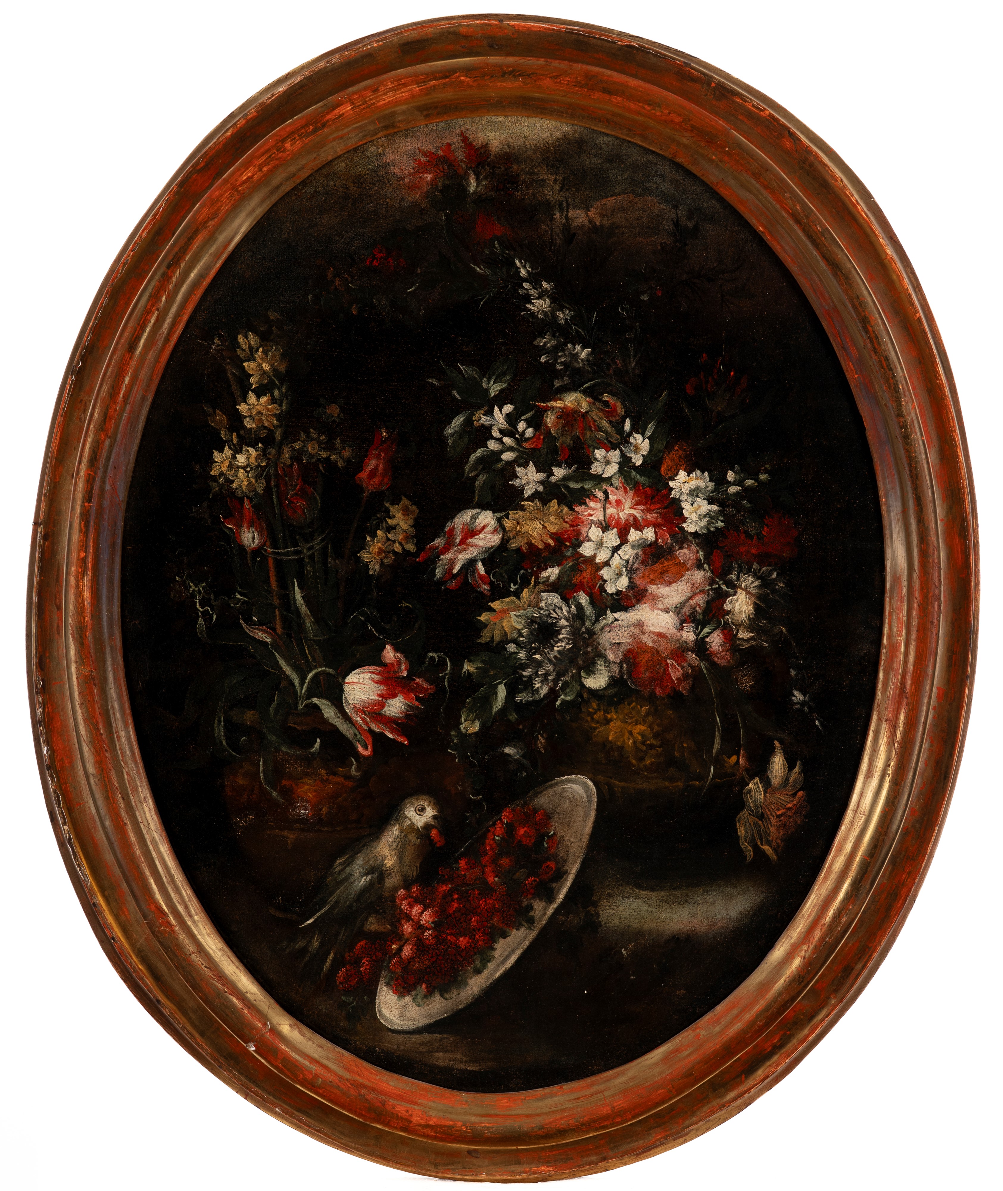 Elisabetta Marchioni - Coppia di dipinti ovali con natura morta floreale e volatili