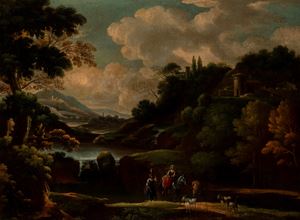 River landscape with wayfarers in the foreground and a castle in the background