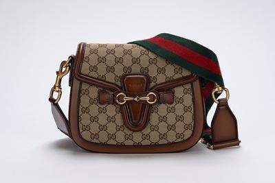 Borsa Lady Web, in tessuto logato e pelle marrone con tracolla web bicolore