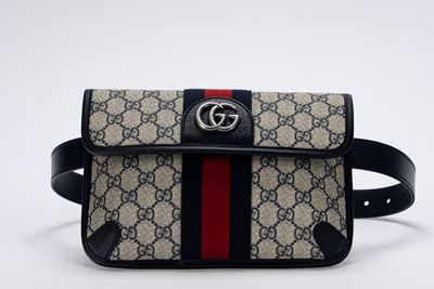 Marsupio/Pochette, tessuto logato plastificato bianco e blu con profili in pelle