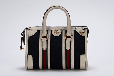 Mini bauletto, tela logata nera e pelle di cinghiale color panna
