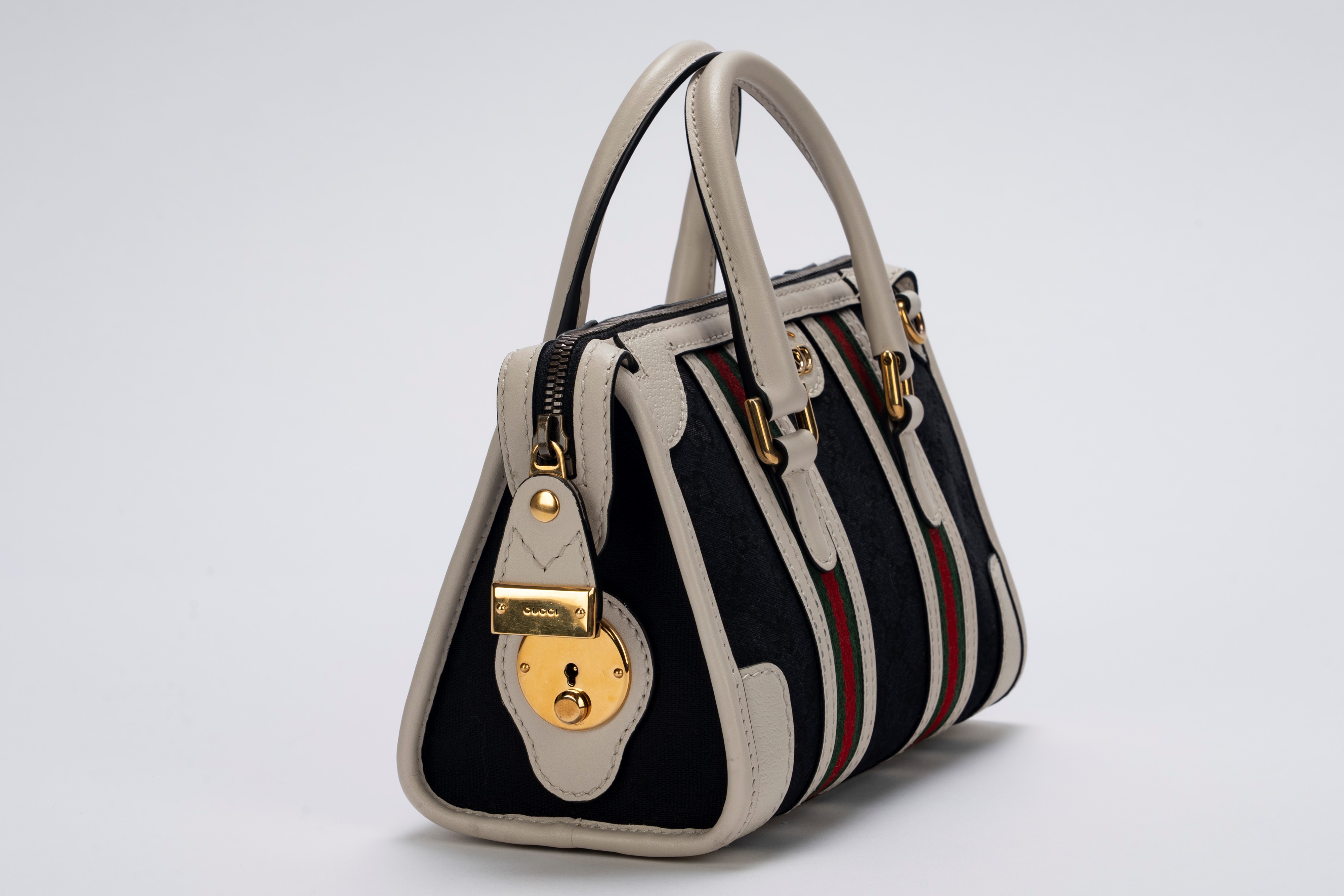 Gucci - Mini bauletto, tela logata nera e pelle di cinghiale color panna