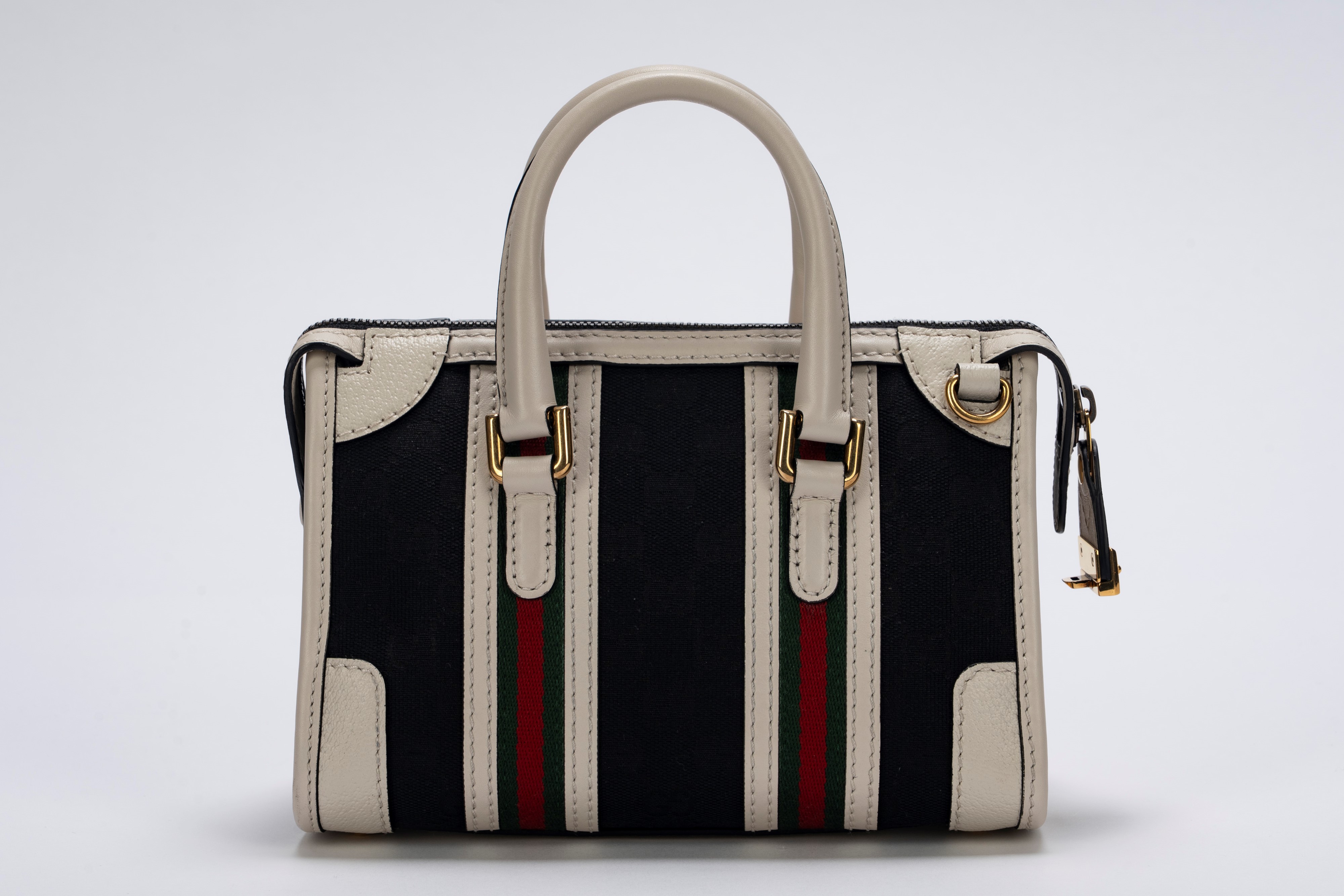 Gucci - Mini bauletto, tela logata nera e pelle di cinghiale color panna