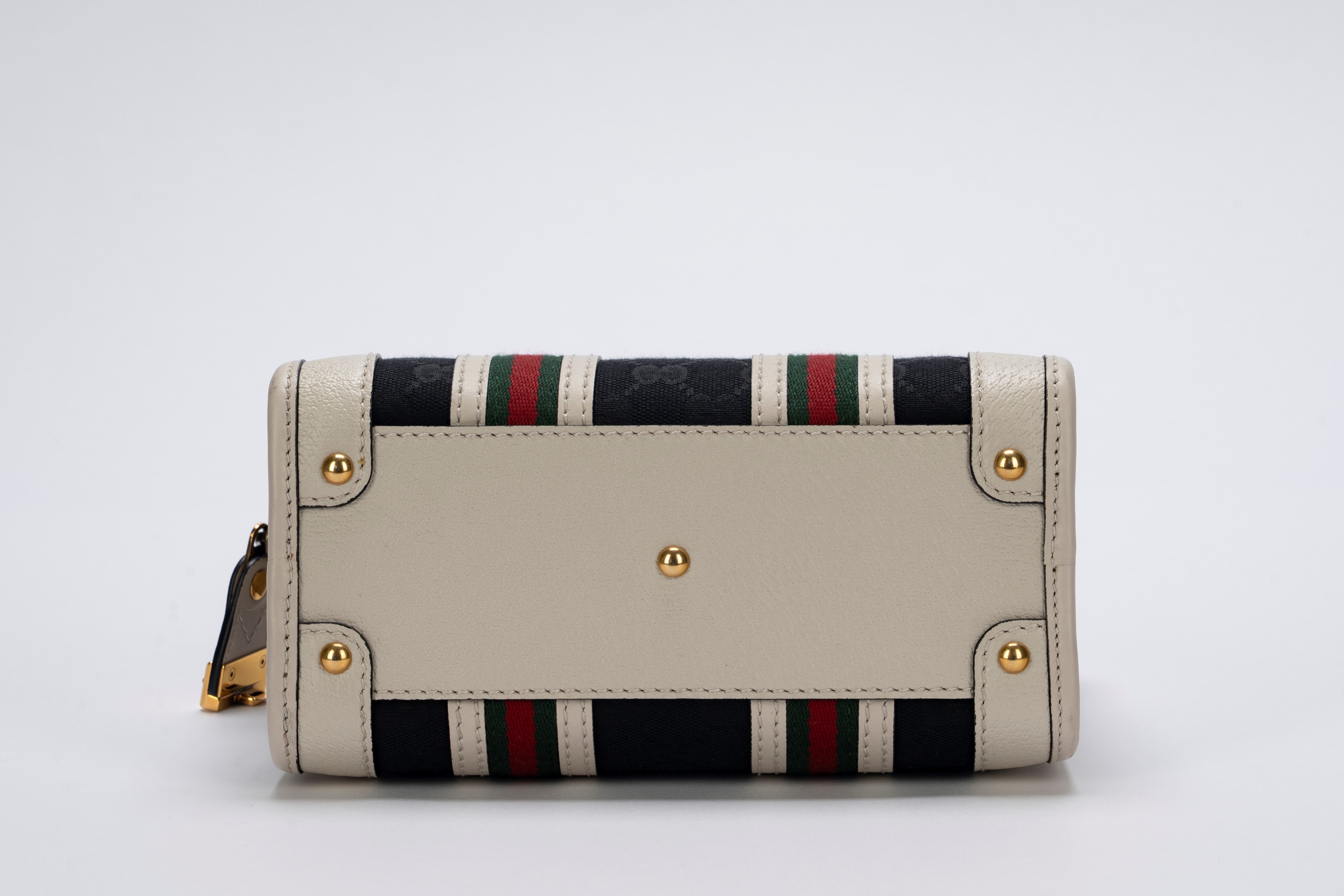 Gucci - Mini bauletto, tela logata nera e pelle di cinghiale color panna