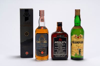 Selezione di Whisky: Clan Campbell 12 Year Old, Ainslie's Royal Edinburgh e Champion, 0,75l ciasc...
