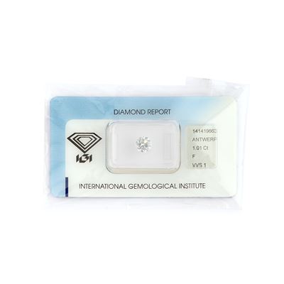 Diamante in blister, taglio brillante da 1,01 ct, colore F, purezza VVS1 (certificato IGI n. 1414...