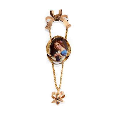 Pendente con miniatura, giovane con colomba, in oro a bassa caratura