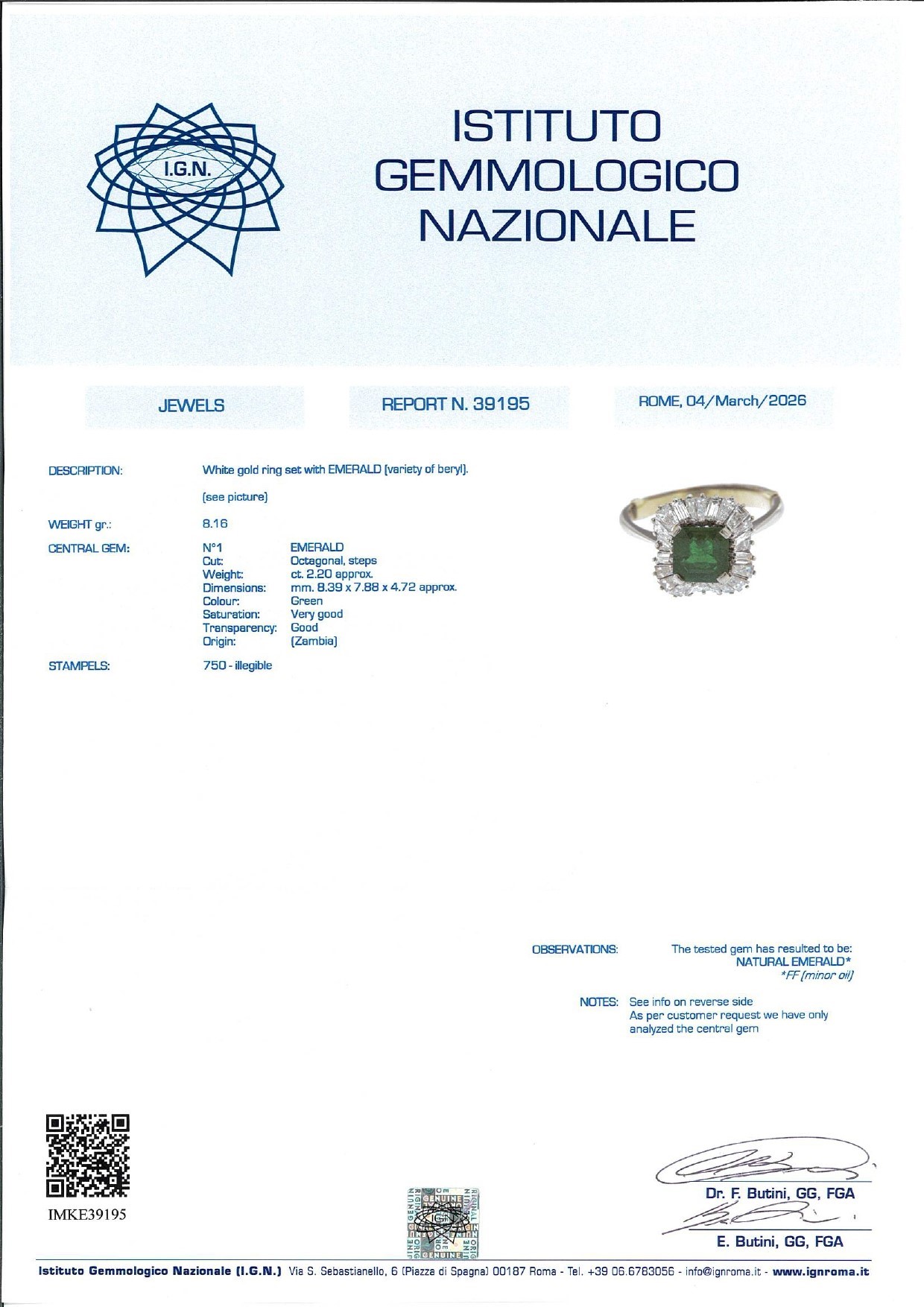 Anello con smeraldo Zambia in oro bianco 18k, diamanti (ct 2,20 ca. e ct 1,60 ca.)