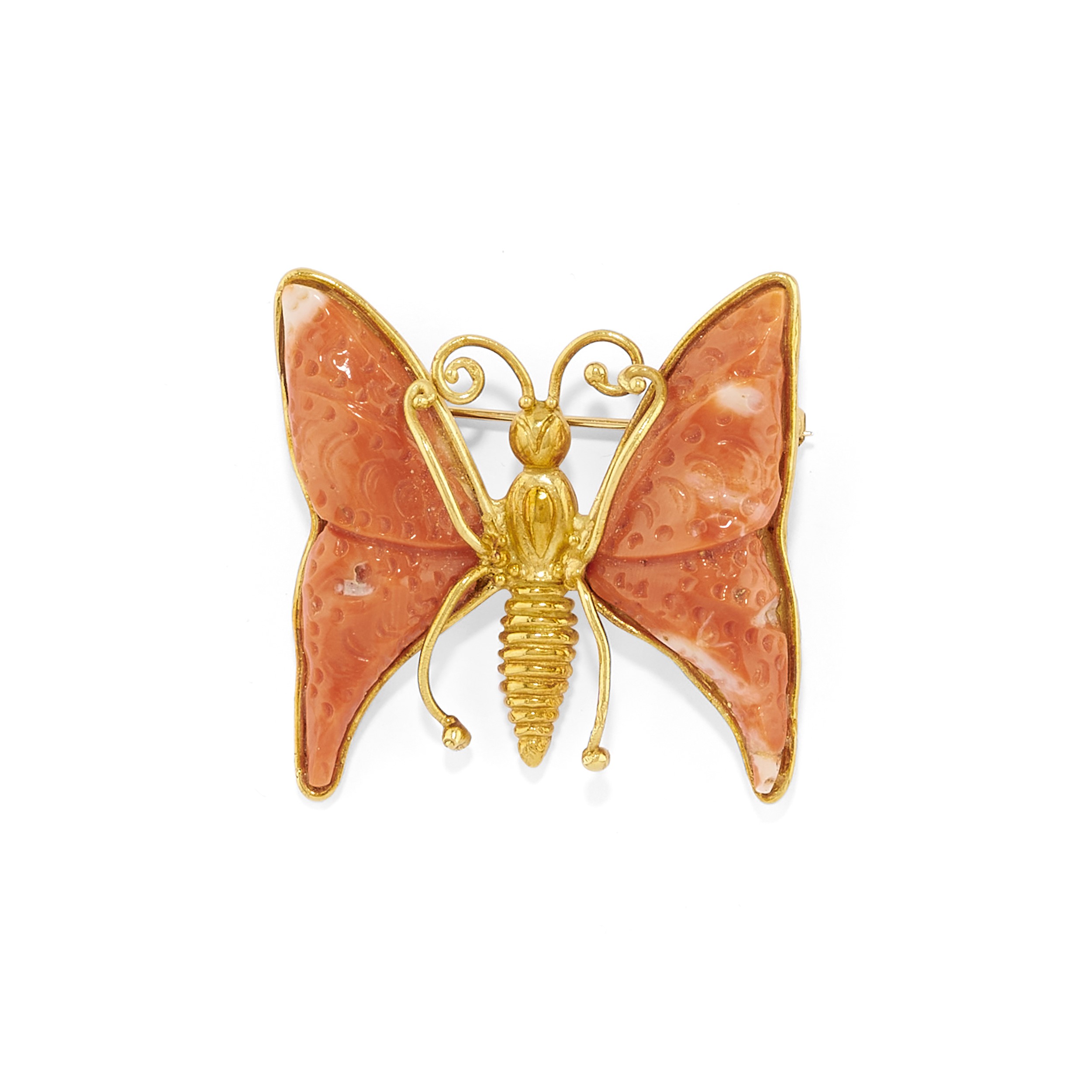 Lotto di gioielli, collana in corallo e spilla a forma di farfalla in oro giallo 18k