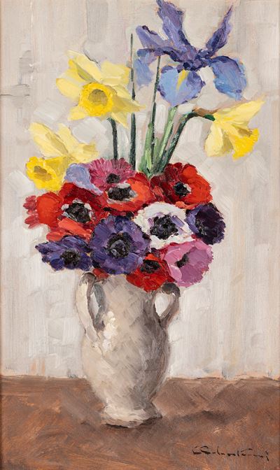 Vaso bianco con fiori, olio su cartone
