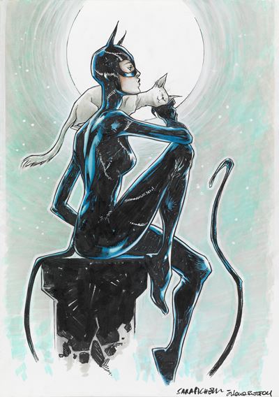 Autore Sconosciuto, Catwoman - matita, china e acrilici su cartoncino