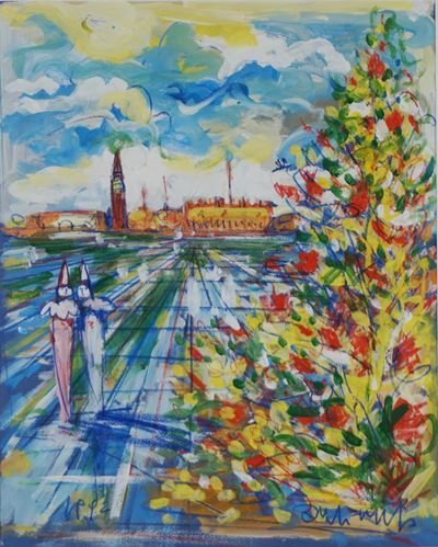 Venezia con figure, olio su carta