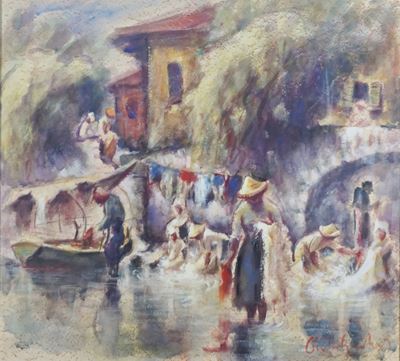Paesaggio orientale con lavandaie al torrente, acquarello su carta