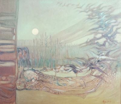 A. Bellini, Paesaggio e astrazione, olio su tela
