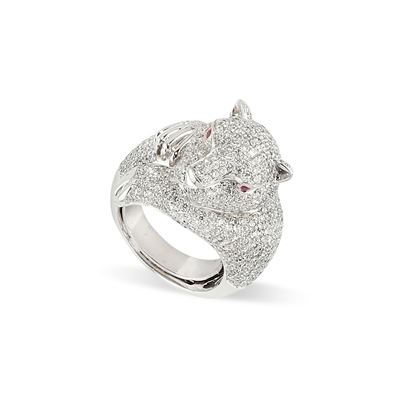 Anello con pantera in oro bianco 18k, diamanti e rubini