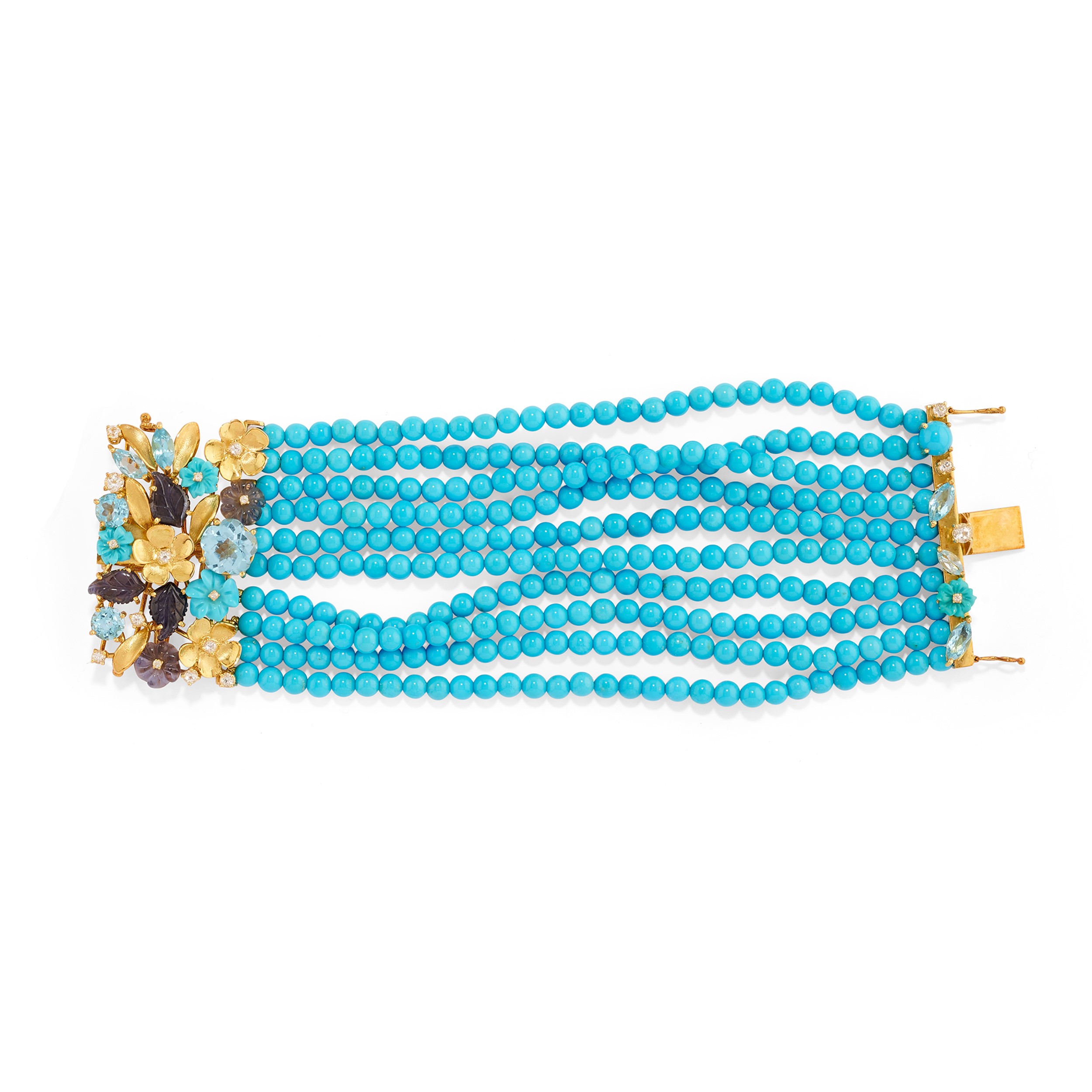 Demi parure, oro giallo 18k con pasta di turchese e pietre varie