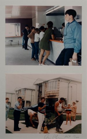 People in a highway restaurant, Jersey City; Two families in front of a housing development, Staten Island, New York