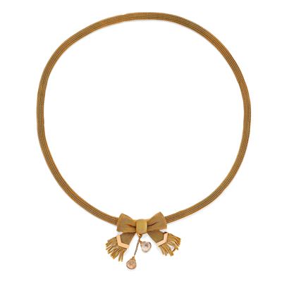 Collana in oro giallo 18k con fiocco frangiato e pendenti in quarzo