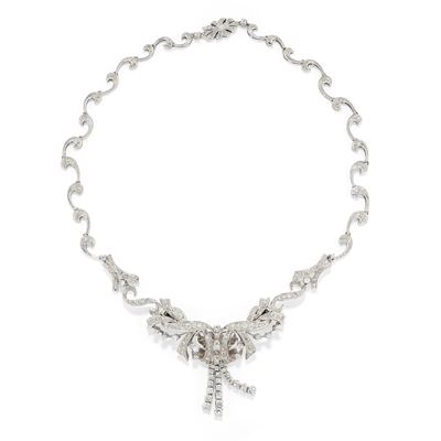 Collana in oro bianco 18k con diamanti, motivo centrale estraibile a fiocco
