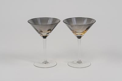 Coppia di calici da cocktail, vetro di Murano con piede e stelo incolore e coppa fumé, XX secolo