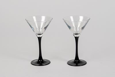 Coppia di calici da cocktail, vetro di Murano incolore con stelo e base neri, secolo XX