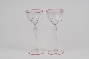 Pair of clear Murano glass goblets with dot applications and ruby-colored profiles, 20th century