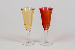 Pair of red and yellow Murano glass goblets, 20th century