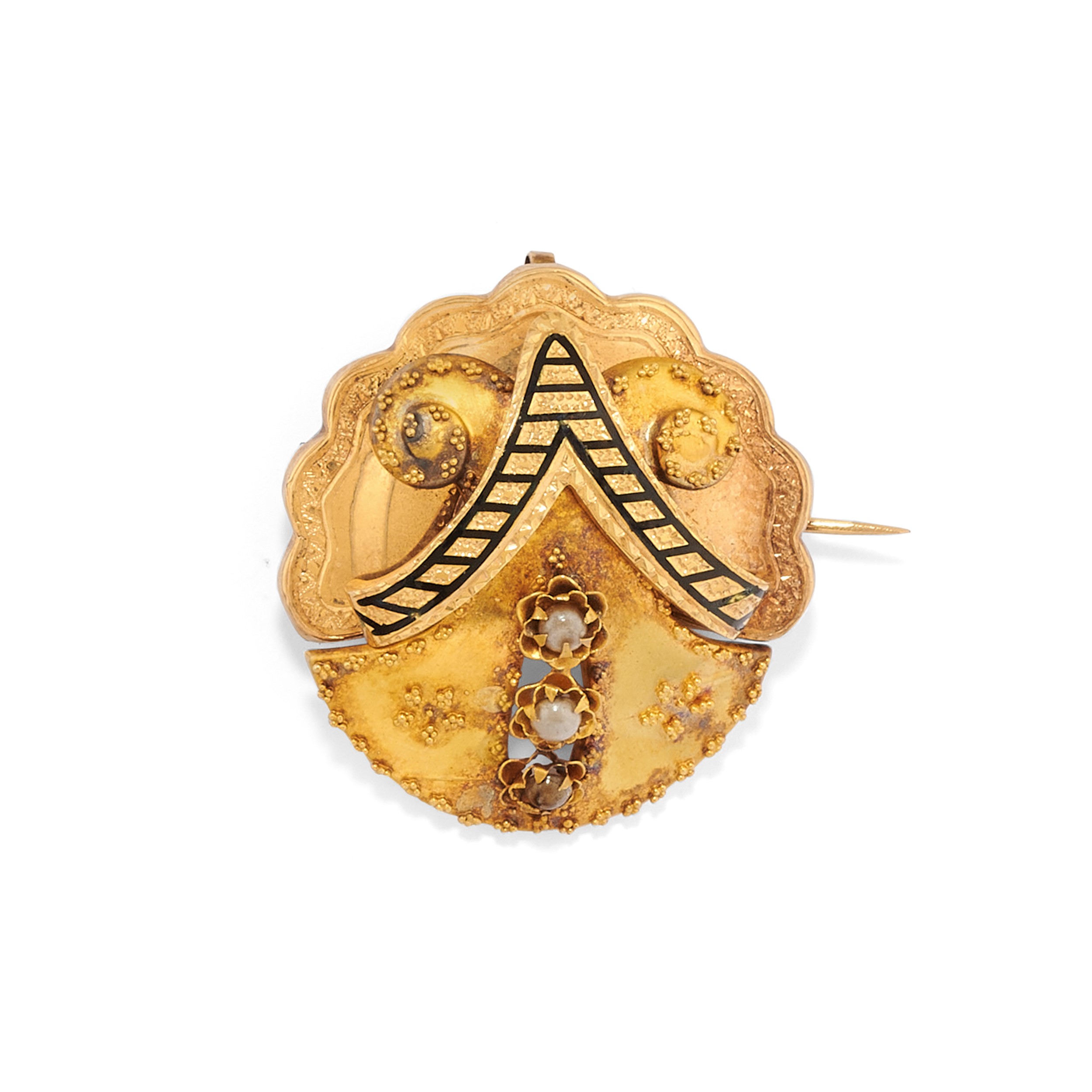 Demi-parure in oro giallo 18k con perle e smalti neri, fine XIX-inizi XX