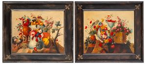 Vaso con ciliegie, fiori, fichi e volatili; Vaso con pere e uva, fiori, zucca e un galletto