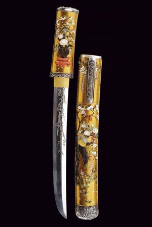 Magnifico Koshirae per Tanto in lacca dorata con decorazione Shibayama