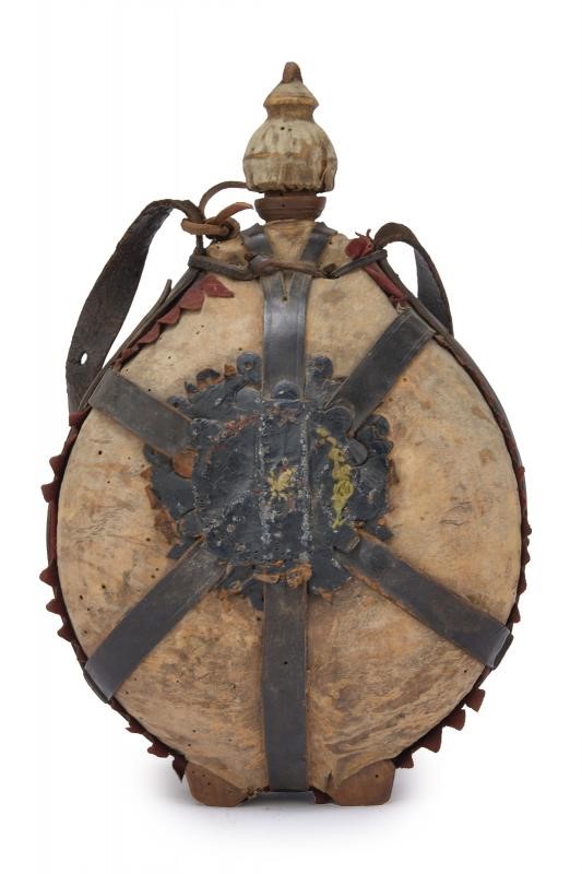 Borraccia in legno tornito, tecnica dell'Impero austro-ungarico, diametro 21 cm