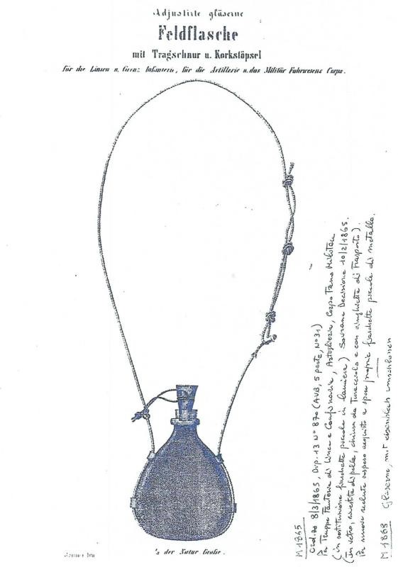Borraccia militare mod. 1865, vetro rivestito in cuoio, altezza 26 cm