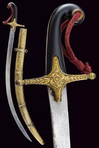 Shamshir, lama curva a un filo in ottone dorato, lunghezza 93 cm