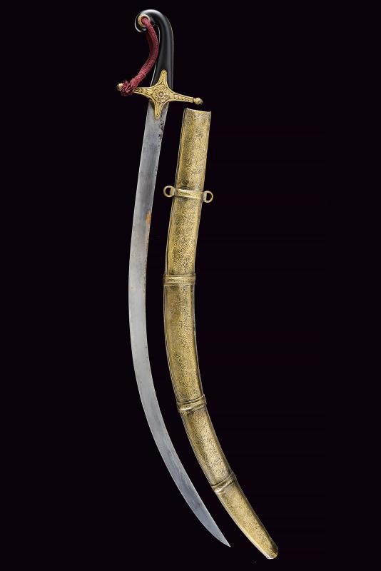 Shamshir, lama curva a un filo in ottone dorato, lunghezza 93 cm