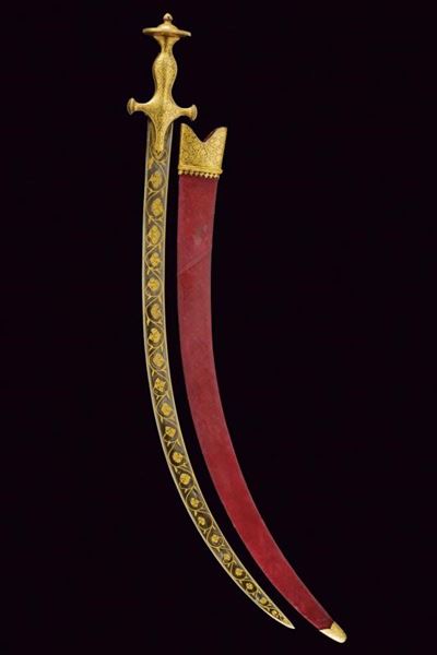 Tulvar indiano con decorazioni oro e fodero in seta, lunghezza 89 cm
