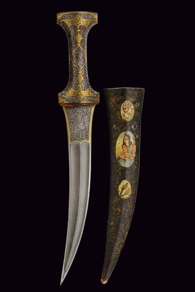 Kandshar indopersiano con fodero dipinto, lunghezza 37.5 cm