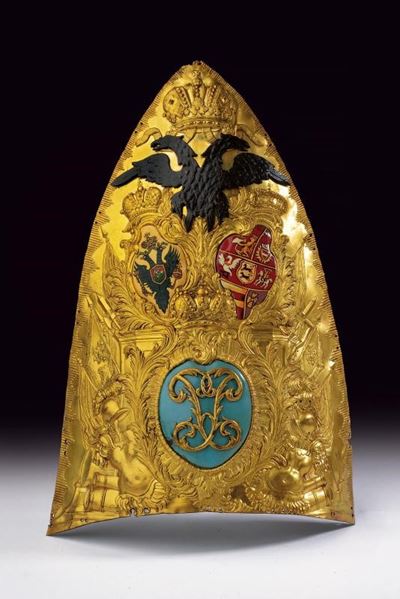 Placca per mitria da ufficiale del Reggimento Dragoni della Guardia, Schleswig-Holstein, rame dor...
