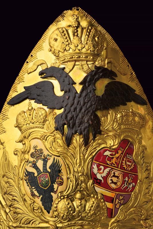 Placca per mitria da ufficiale del Reggimento Dragoni della Guardia, Schleswig-Holstein, rame dor...