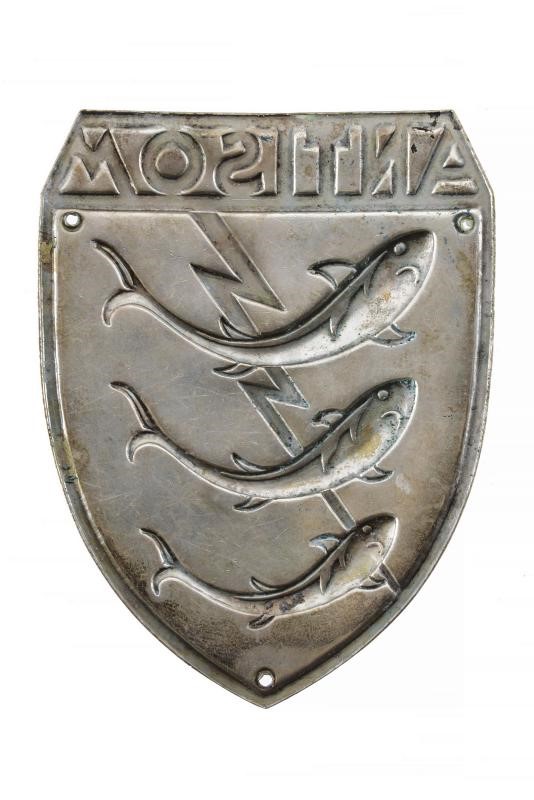 Scudetto da braccio 'ANTISOM' della Marina, placca in metallo non ferroso, dimensioni 5.4 x 7 cm