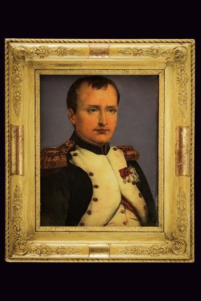 Napoleone I, Ritratto su vetro al rovescio con cornice lignea decorata