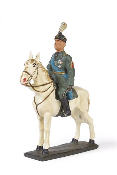 Personaggio Lineol, figura del duce a dorso di un cavallo bianco in pasta policromata