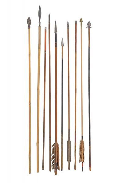 Lotto di dieci frecce, legno e ferro, lunghezza 70-82.5 cm