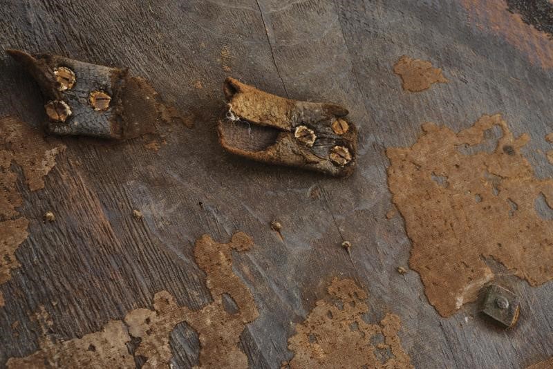 Targhetta circolare in legno rivestita in cuoio, Scozia