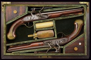 Paio di pistole a pietra focaia da ufficiale firmate Cook, in cassetta