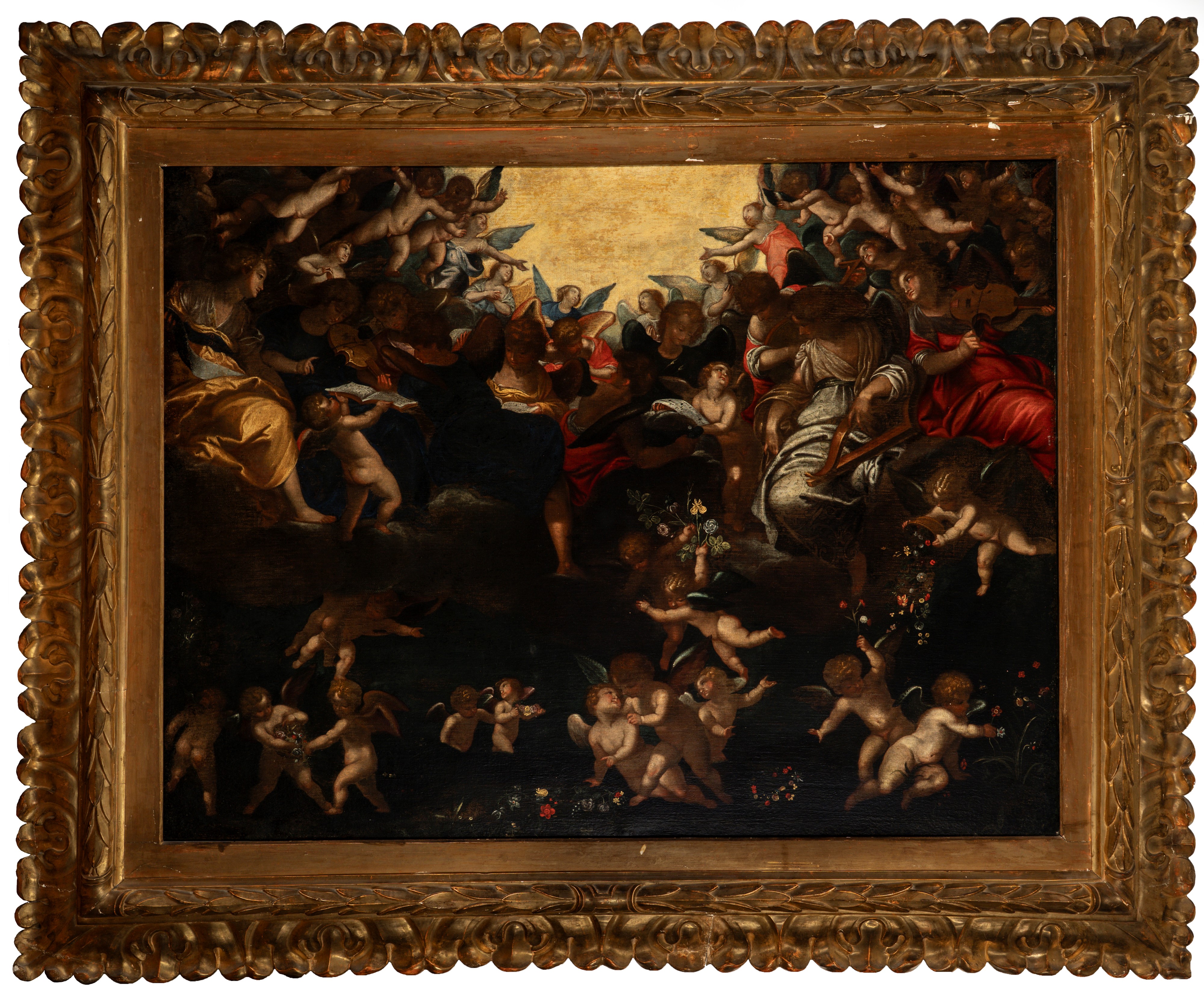 Scuola Dell'italia Settentrionale, Secolo XVII - Angeli Musicanti in Gloria con Putti e Fiori