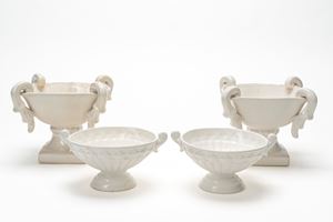 Two pairs of two-handled cake stands in white glazed ceramic