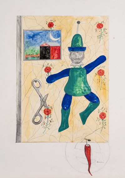 Il sarto (tecnica mista e collage su carta), 1985