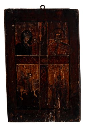 Icona su tavola con quattro santi. Russia, Secolo XIX